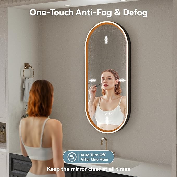 Led Bathroom Mirror with Lights, 20'' x 43'' Oval Heavy Duty Aluminum Frame Bathroom Vanity Mirror with Lights, 3 Colors, Brightness Stepless Dimmable, Anti-Fog, Memory Function, Single LED Orange