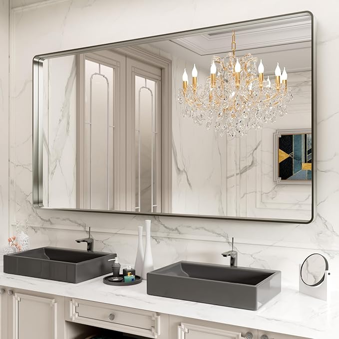 LOAAO 72X40 Inch Brushed Nickel Bathroom Mirror, Rounded Rectangle Silver Metal Frame Mirror, Brushed Nickel, Anti-Rust, Hangs Horizontally or Vertically