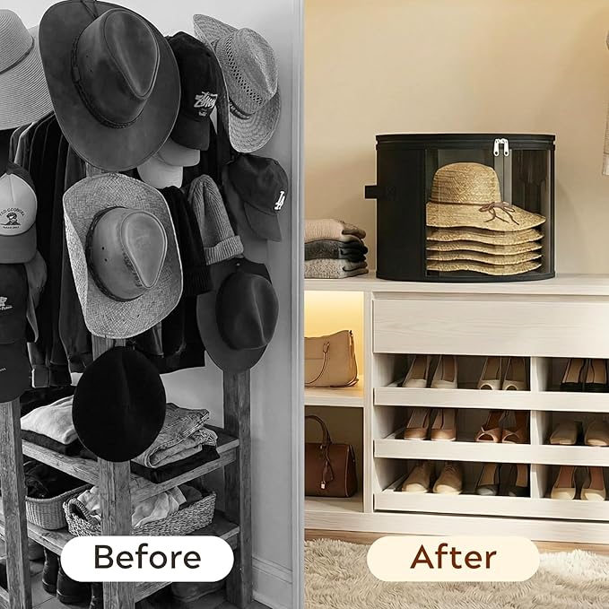 Ofiray-home 2 Pack Large Clear Hat Storage Boxes, Hold up to 7-9 Hats, Hat Organizer for Closet, Sturdy & Foldable, Hat Box with Carrying Handles for Round Brim, Wide-Brim, Cowboy, Sun Hat (Black)