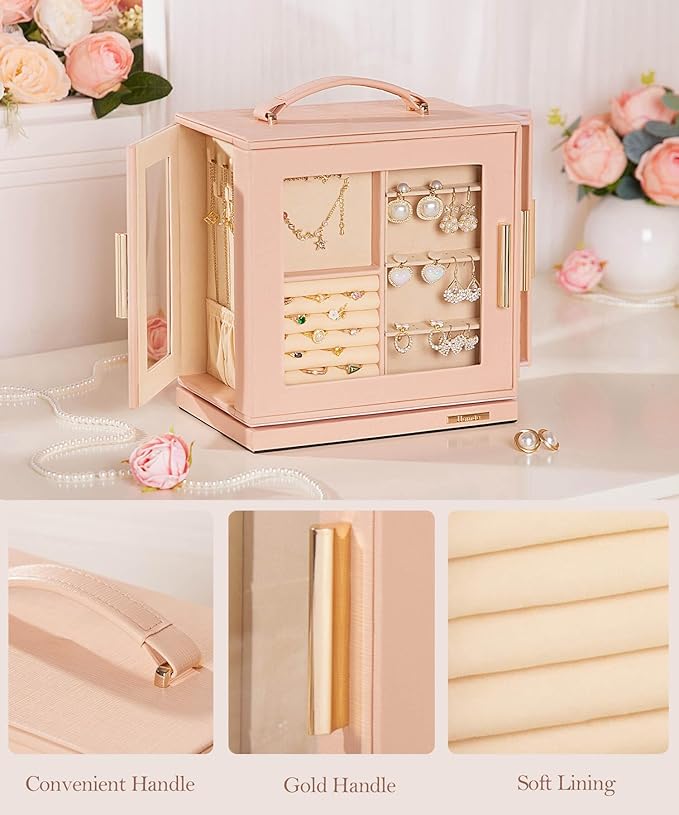 Homde Valentine's Day gifts Jewelry Box 360° Rotating, Necklace Earring Organizer with Transparent Window, Mirror, 7 Drawers, Large Ring Display Storage Case for Girls Women (Peach Pink)
