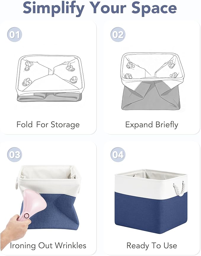 13x15x13 Storage Cube Bins, Heavy Duty Foldable Fabric Storage Bins with Handles and Metal Frame, 6 Pack Large Closet Organizer Bins for Clothes, Socks, Towels, White Blue