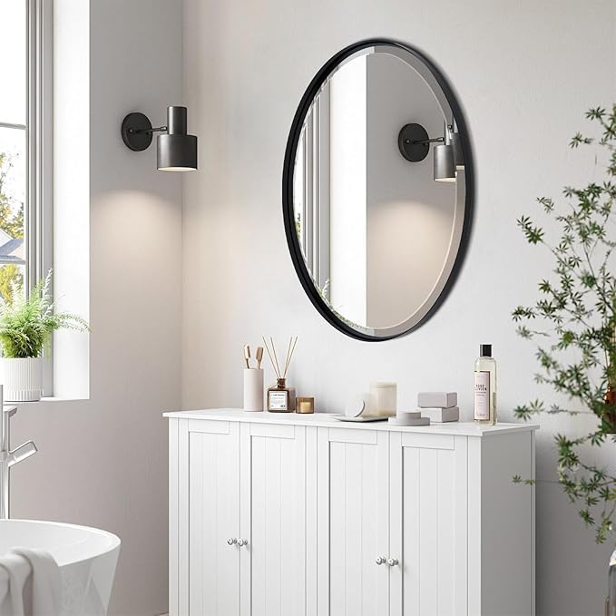 POZINO Matte Black Oval Beveled Mirror, 20"x28" Bathroom Mirror for Over Sink, Modern Rounded Vanity Wall Mirrors for Bedroom Living Room Entryway Fireplace, Wall Mount Hangs Horizontal Or Vertical