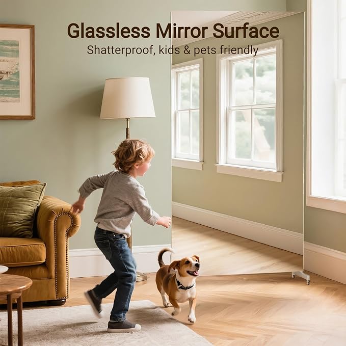 81" x 41" Standing Mirror Full Length with Wheels, Large Glassless Rolling Mirrors with Brakes, Shatterproof HD Imaging Thin Frame Full Body Mirror for Dance Studio/Home Gym, Silver