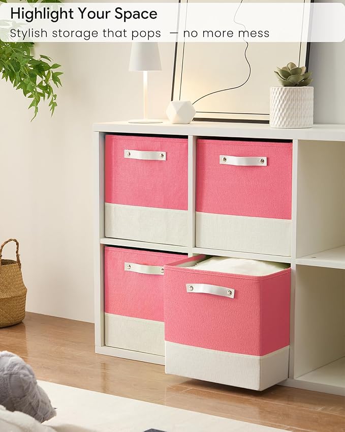 Storage Cube Bins | 7.7 oz/yd² Fabric Cubby Organizer Baskets for Shelf, Closet, Cabinet, Wardrobe | KALLAX Shelving Unit Insert Drawer | 4 Pack, Pink & White, 13x15x13 Inch