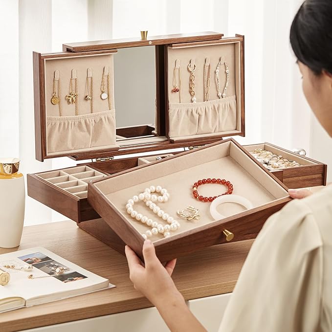 Wooden Jewelry Box for Women, 3 Level Multi-functional Drawers Black Walnut Jewelry Organizer Box, Watch, Necklace, Ring, Earring Storage Valentine's Day Gifts(With Mirror B)