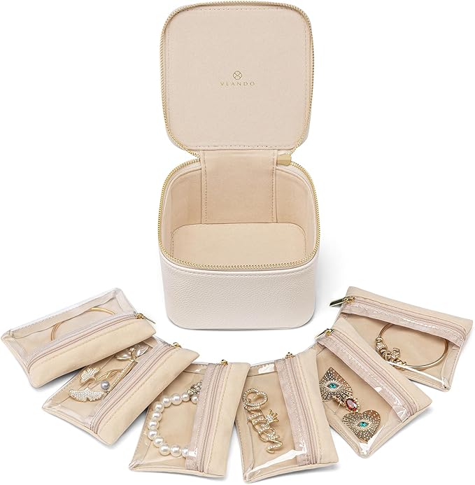 Vlando Small Jewelry Box Organizer,Travel Jewelry Storage with 6 Velvet Jewelry Zipper Pockets,Travel Jewelry Case Valentines Gifts Birthday Gifts for Women Girls (White)