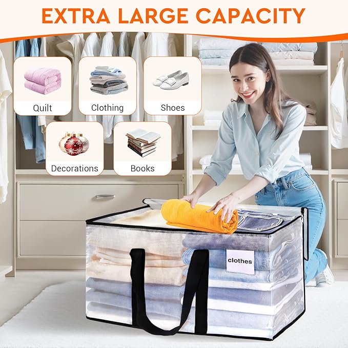 HomeHacks Clear Moving Bags Heavy Duty 8 Pack, Storage Bags with Zipper, Extra Thick Handles & Waterproof Packing Boxes for Moving, Camping, Home Organization 125L/33Gal (28.7"x16.5"x16.1")