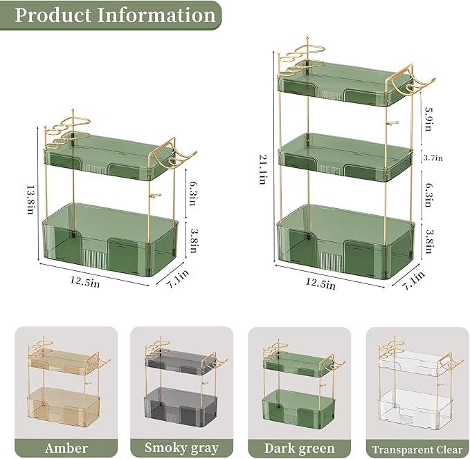 YCIA&DONE Bathroom Counter Organizer, Large Makeup Organizer Countertop, Shelf Storage, Vanity Tray, Easily Assemble for Bathroom Organizers and Storage, Undersink, Cabinet, 3 Tiers Green