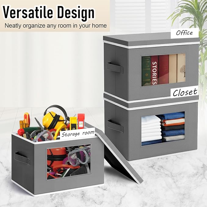 10 Pcs Fabric Storage Bins with Lid 14x10 Inch Stuffed Animal Storage Boxes with Window Handle Collapsible Cube Organizer Basket for Shelves Closet Bedroom Office Clothes Books (Dark Gray)