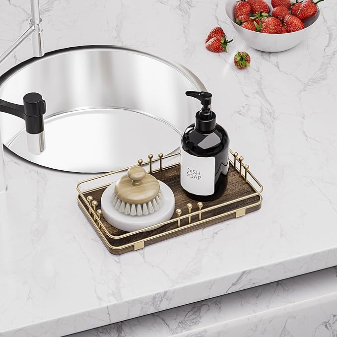 Bathroom Vanity Tray for Toiletries Makeup Perfume Candle Toilet Tank, Kitchen Tray for Soap Dispenser Spice Salt, Small Tray for Countertop Decor Coffee Nightstand 7.9”x4.4” Brown-Gold