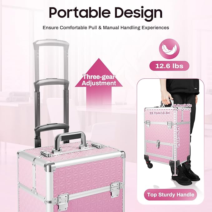 Professional Rolling Makeup Case Pro Makeup Artist Cosmetic Train Case Hairstylist Travel Case Portable Make Up Station with Lockable Drawer & 4 Swivel Wheels - Pink