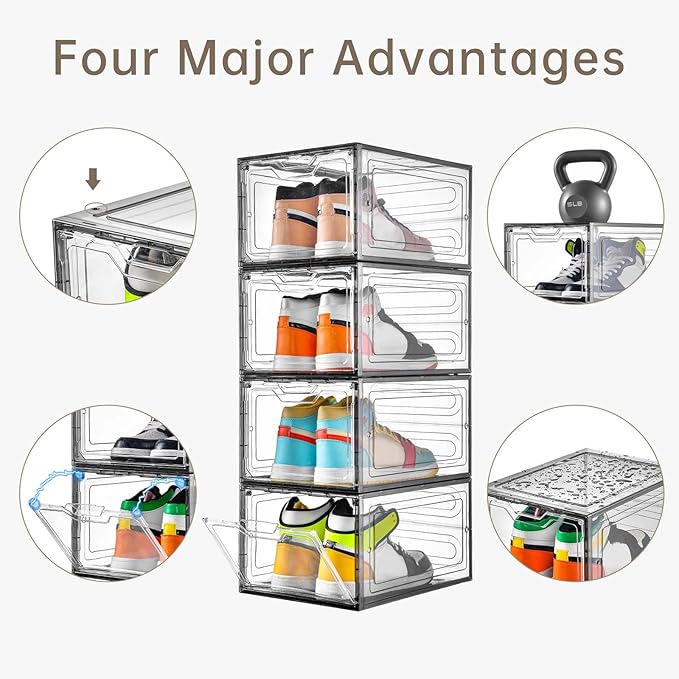 12 Pack Shoe Boxes Shoes Organizer, Shoe Storage Organizer Boxes with Magnetic Door, Clear Shoe Organizers Sneaker Storage Shoe Box for Women/Men, Fit up to US Size 12