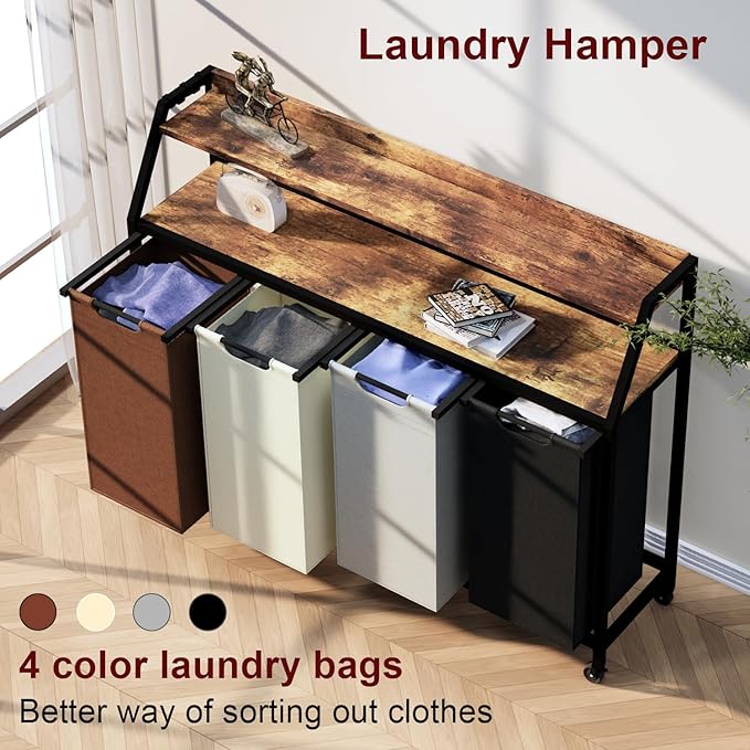 Laundry Hamper, Laundry Sorter 4 Section, Rolling Laundry Basket with Wheels, 2 Shelves, 4 × 14.5 Gal, Pull-Out and Removable Oxford Fabric Bags, for Laundry Room, 4 Colors