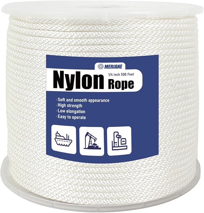 MERIANE Nylon Rope 500 Ft 1/4 Inch – Multipurpose Tightly Braided Rope – Abrasion & UV Resistant – Ideal Use for Camping, Clothesline, Marine, Flag Line - Solid Utility Rope for Indoor Outdoor