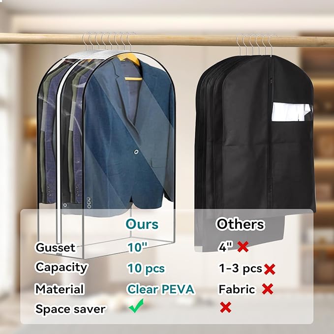 10” Gusseted Clear Garment Bags, 40” Hanging Suit Bags for Closet Storage - Protect Clothes, Suits, Coats, Dresses - 3 Pack (50 inch)