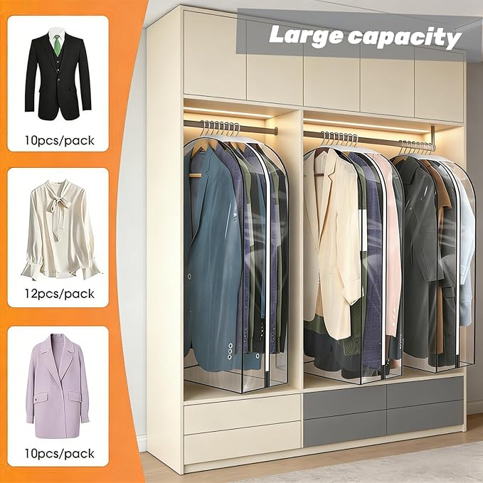 4 Pack 10" Gusseted Garment Bags, 40" Clear Suit Bags for Closet Storage, Hanging Clothes Covers with Zipper, Closet Dust Cover Protector Bag Cover for Jacket, Coat, Shirts, Dress, Sweater