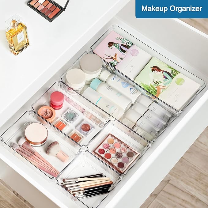 9 PCS Clear Plastic Drawer Organizer Sets for Vanity Organizer, 3 Sizes Versatile Make-up Organizer Trays, Stackable Storage Bins for Kitchen, Cabinet, Bathroom, Office, Laundry Room Organizing