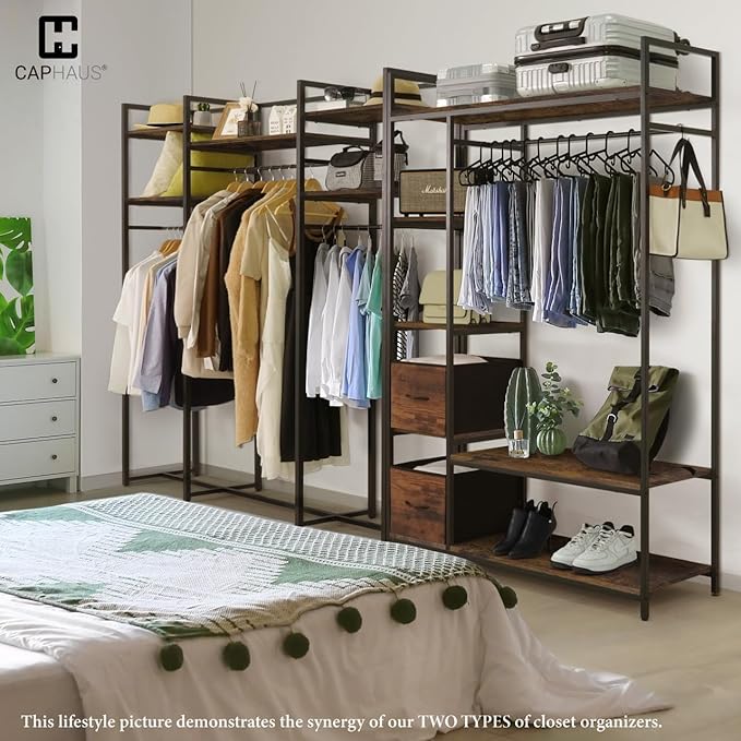 CAPHAUS 979lbs Capacity Garment Rack for Hanging Clothes, Heavy Duty Open Wardrobe w/Hanging Rods & Fabric Drawers, Free Standing Closet Organizer, Metal Closet Rack w/Rustic Oak Wooden Shelves
