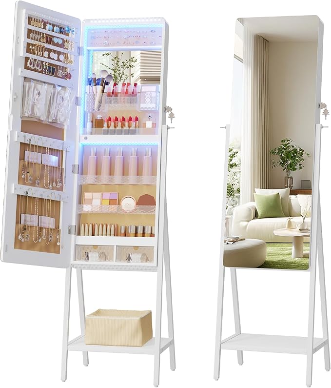 LVSOMT LED Standing Jewelry Mirror Cabinet, Stand Up Full Length Mirror with Storage, Lockable Floor Jewelry Armoire Organizer with 2 Drawers, Bottom Shelf, Built-in Lighted Makeup Mirror (White)