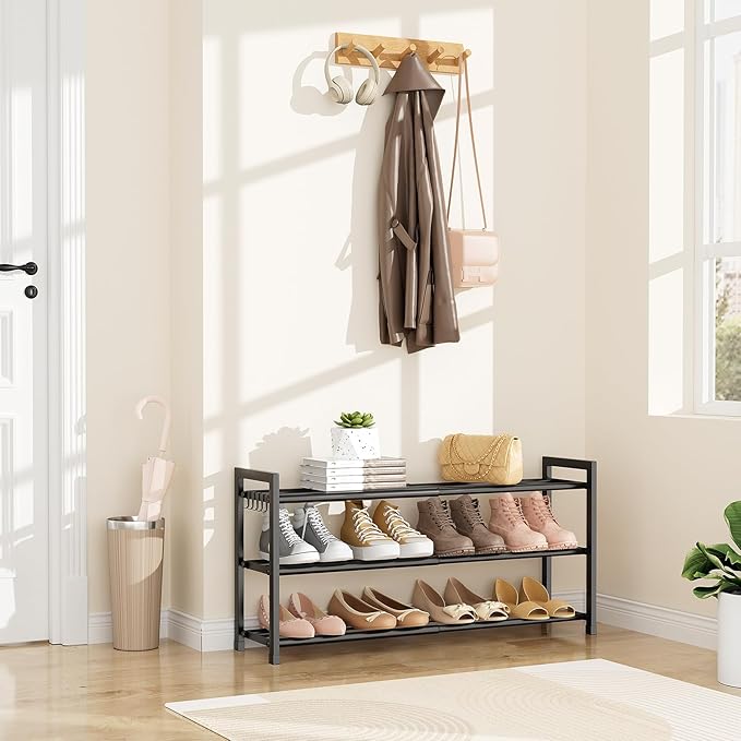 Adjustable 18"-33" Expandable Shoe Rack for Closet 12 Pairs Small Spaces 3 Tier Shoe Organizer with 5 Hooks Metal Shoe Shelf for Entryway, Bedroom