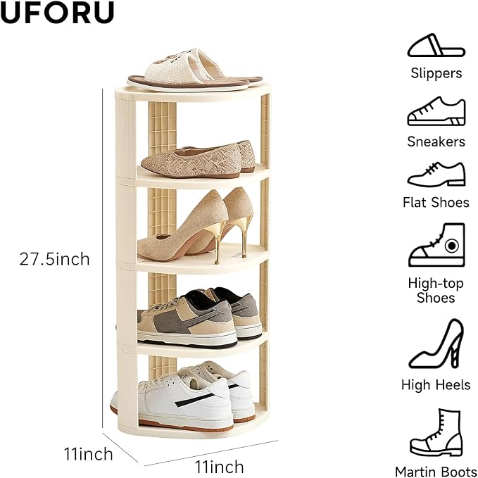 Vertical Shoe Rack 5 Tier Adjustable Shoe Organizer Small Shoe Shelf for Closet, Narrow Entryway, or Bedroom Easy to Assemble and Disassemble Holds Up to 5 Pairs of Shoes (White)