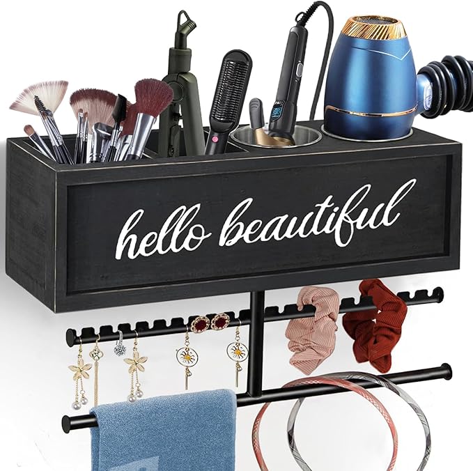 Rustic Hair Dryer Holder Wall Mounted,Hair Styling Tools & Accessories Organizer,Bathroom Supplies & hot Tools vanities Organizer Caddy,for Storage Flat Iron,Blow Dryer,Curling Iron,Towel