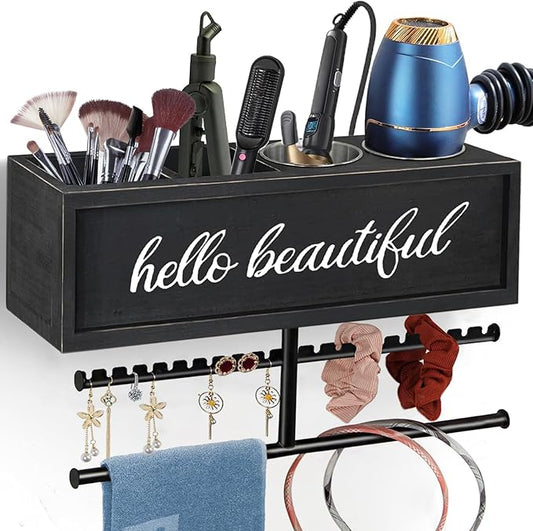 Rustic Hair Dryer Holder Wall Mounted,Hair Styling Tools & Accessories Organizer,Bathroom Supplies & hot Tools vanities Organizer Caddy,for Storage Flat Iron,Blow Dryer,Curling Iron,Towel