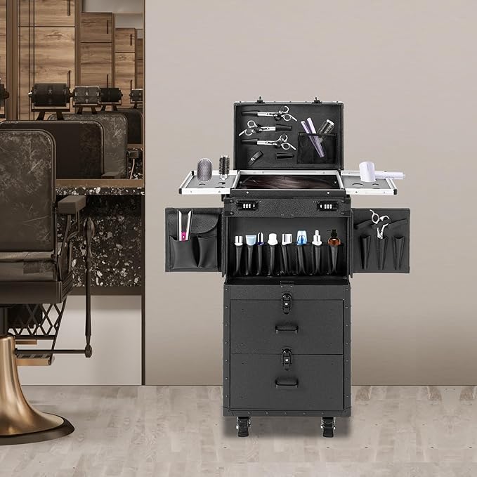 Rolling Makeup Case Large Storage Cosmetic Trolley, Rolling Lockable Makeup Train Case, Stylist Beauty Salon Cosmetic Luggage Travel Organizer Tool Box with Hair Dryer Holder (Black)