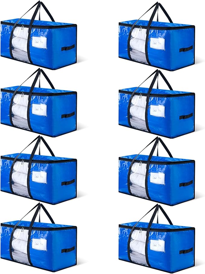 CONGREGATE 8-Pack Heavy Duty Blue Moving Bags with Zippers and Handles, Heavy Duty Storage Handbags, PE Material, Window Design, 97 Liters / 25.6 Gallons (28.7 Inch x 13.7 Inch x 15 Inch)