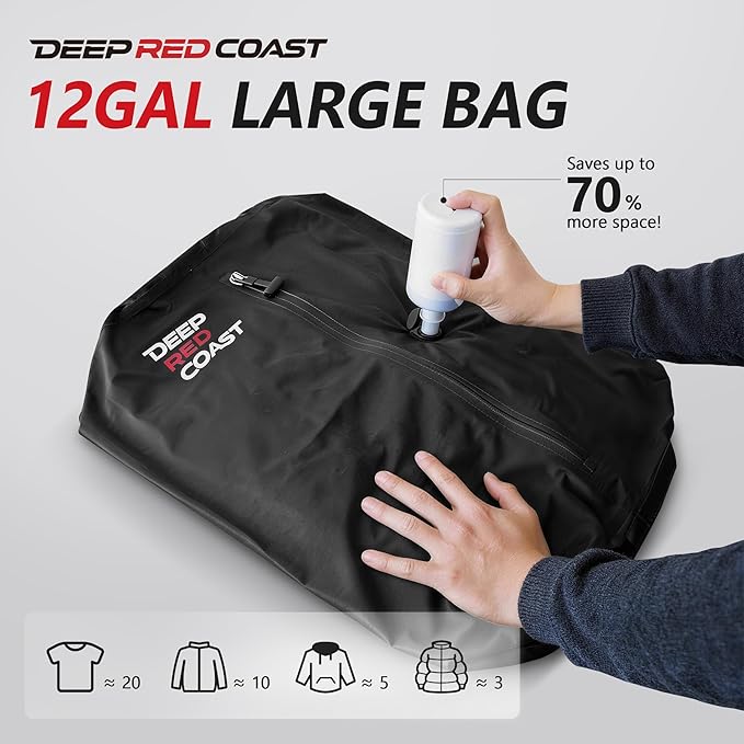 Vacuum Bags for Travel with Pump, 12GAL Compression Packing Cubes with Adjustable Shoulder Strap, IP68 Reusable Vacuum Packing Cubes for Luggage, Backpack, Suitcase, Yoga, Swim, Beach