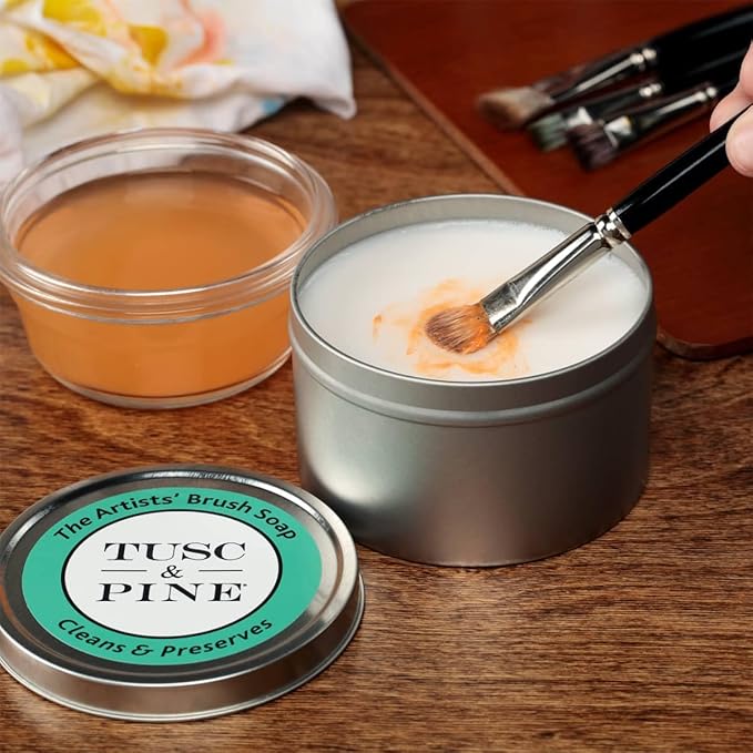Tusc & Pine The Artists' Brush Soap - 2oz and 12 oz Set - Plant-Based Brush Cleaner, Oil, Acrylic, Watercolor Paint - Nourishes Bristles; Made in North Carolina; Alkali Soap, Gentle Pine Fragrance