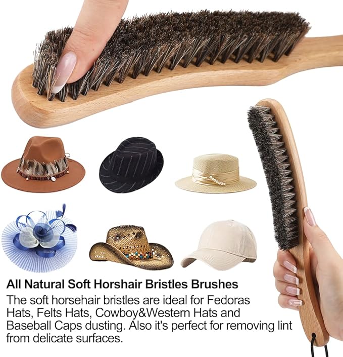 Hat Brush Combo Kit - Horsehair Felt Hat Brush Clean Cowboy Hat, Fedora Hat & Baseball Cap, Boar Bristle Lint Brush Remove Pet Hair Dust for Suits, Suede, Clothes & Furniture, Beech Handle - 2 Pack