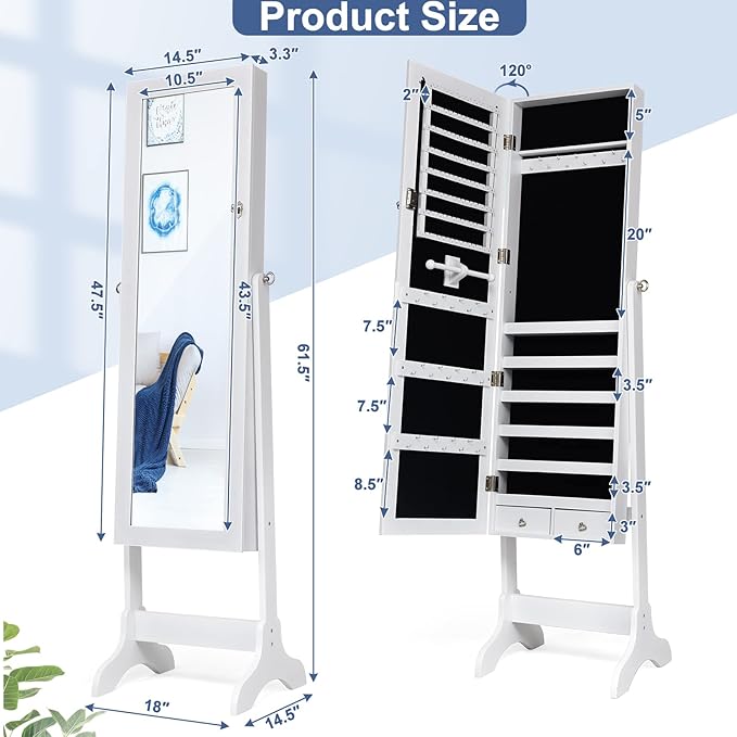 COSTWAY Standing Jewelry Armoire Cabinet, 4-Angle Tilting Jewelry Organizer with Full-length Mirror and Large Storage Capacity, Lockable Jewelry Cabinet for Bedroom, Dressing Room (White)