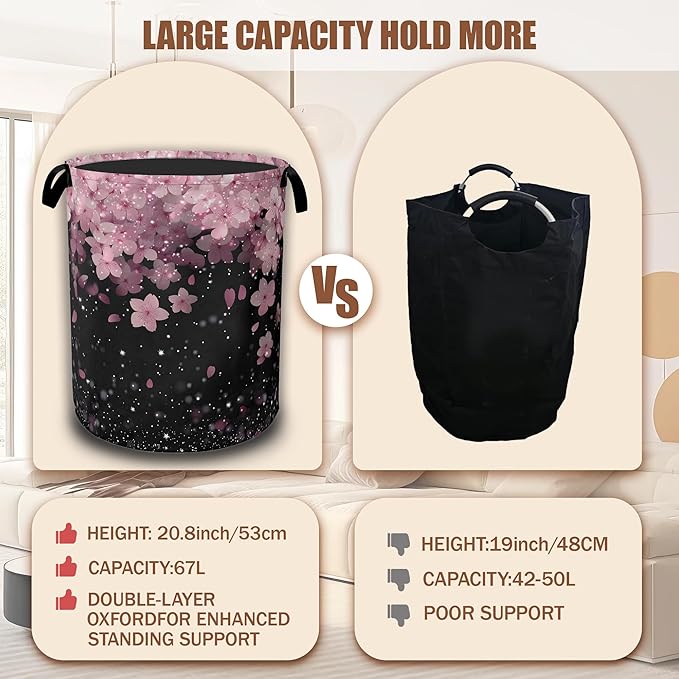 Cherry Blossoms Laundry Basket,Waterproof Foldable Pink Glitter Laundry Hamper,Dirty Clothes Basket, Linen Bin Storage Organizer Collection 16" x 20.8"