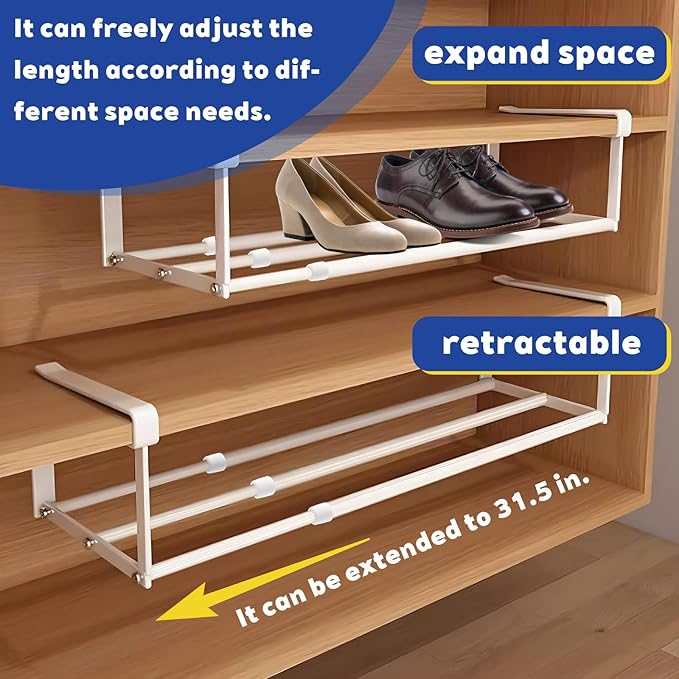 2 Pcs Expandable Shoe Rack Organizer, Hanging Shoe Shelf Under Cabinet Storage Shelf with 3/4 Inch Thick Clips, Retractable Space Saving Rack for Closet Pantry Laundry Room (White, 16.5-31.5 Inch)