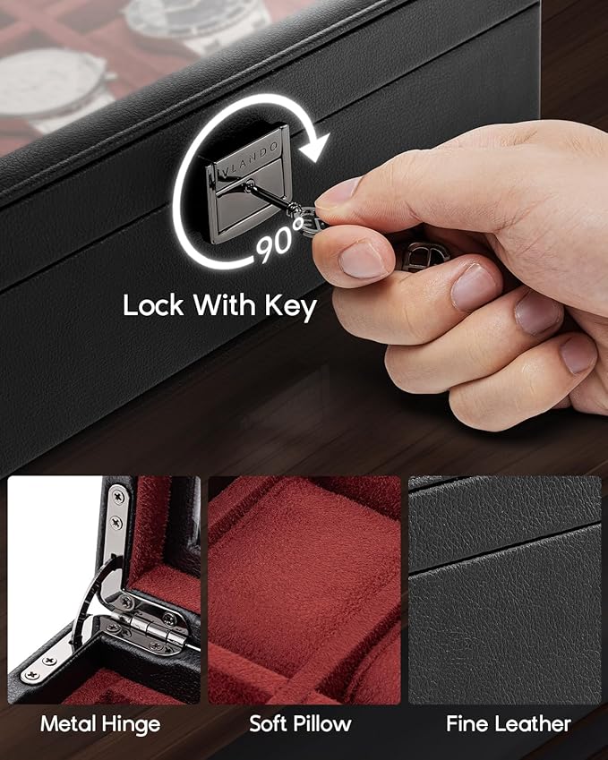 Vlando 6-Slot Watch Box Organize, Lockable Watch Case with Textured Leather, 2 Layer Watch Holder for Rings, Bracelets, Glasses, Glass Lid, Removable Divider, Gift for Fathers, Husband, Friend, Red