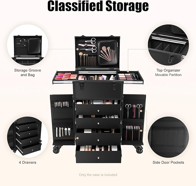 Professional Rolling Makeup Case 4 Drawers Pro Makeup Artist Cosmetic Train Case Hairstylist Travel Case Portable Make Up Station with Multiple Compartments & 6 Swivel Wheels - Black