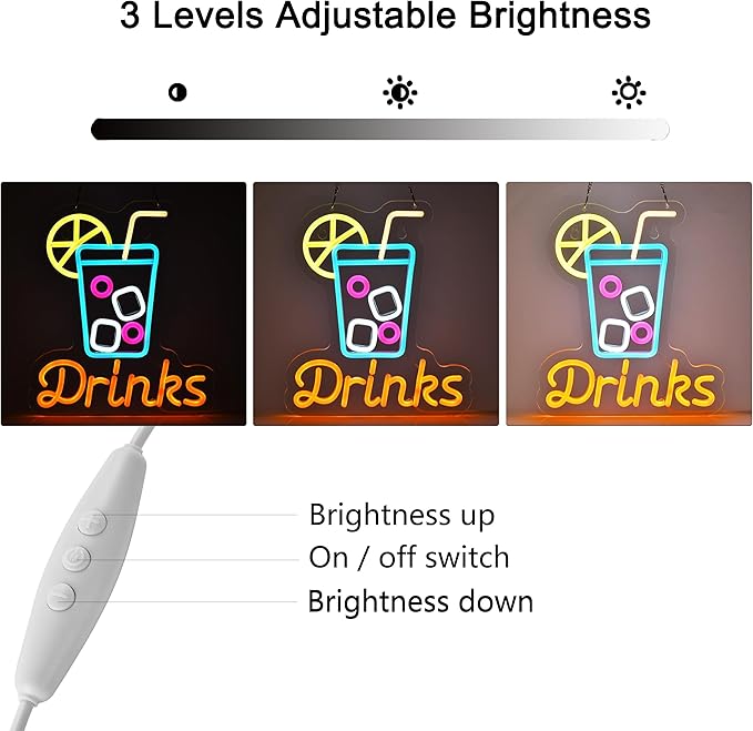 Drinks Neon Sign for Wall Decor Cool Drink Cup LED Light up Sign Cold Drinks Cocktail 3D Art Wall Lights for Home Bar Club Party Restaurant Cafes, USB Powered 12.6" x 11"