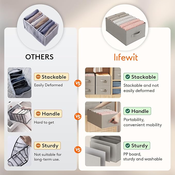 Lifewit Wardrobe Organizer Clothes, Jean Organizers for Closet with Support Board 6 Compartment Foldable Closet Drawer Storage 16.5 x 10.6 x 6.7 Inches for Pants, T-Shirts, Sweater, Legging, 6-Pack