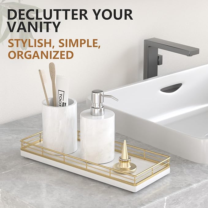 Bathroom Tray for Counter Top Organizer – Oak Wood Vanity Tray with Metal Frame for Dresser, Kitchen, Nightstand – Gold & White Decorative Storage