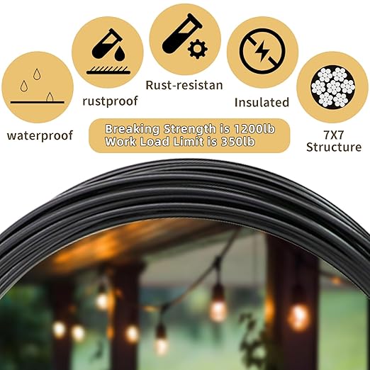 1/8" Black Wire Rope Kit 300FT 304 Stainless Steel Vinyl Coated with M5 Turnbuckles, 7x7 Strand Core Aircraft Cable for String Light, Picture Hanging, Clothesline, Curtain, and Plant Trellis