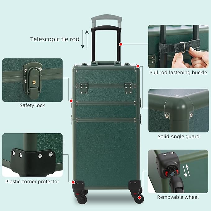 Makeup Train Case, Rolling Makeup Case, 3 in 1 Cosmetology Case on Wheels, Christmas Gift, Large Makeup Case Organizers, Profesional Cosmetic Case for Salon Barber, Green