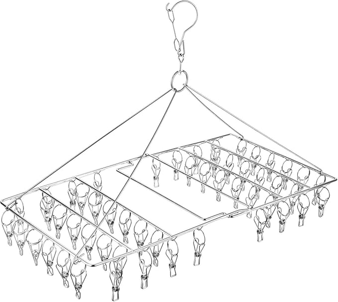 Folding Sock Dryer with 52 Peg, Stainless Steel Swivel Drying Rack Windproof Hook for Sock, Underwear, Lingerie, Sheet and All Small Item