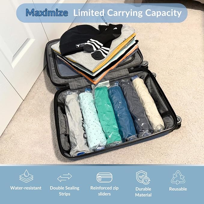18 Pack Compression Bags for Travel, Roll Up Space Saver Bags for Clothes Storage, Compact Packing travel organizer for Luggage, Suitcase, Backpack, No Pump or Vacuum Needed