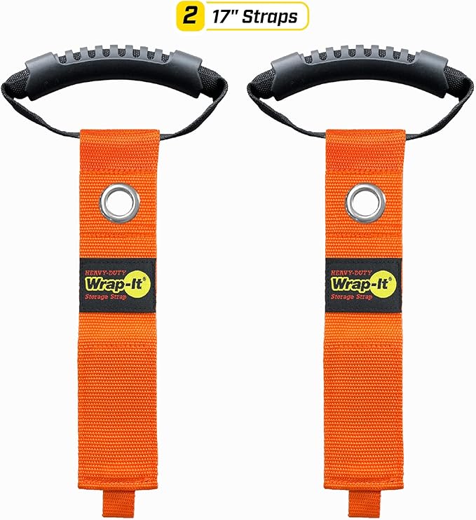 Easy-Carry Wrap-It Storage Straps - 17” (2-Pack) Blaze Orange with Grommet - Extension Cord Hanger Carrying Straps for RV Accessories