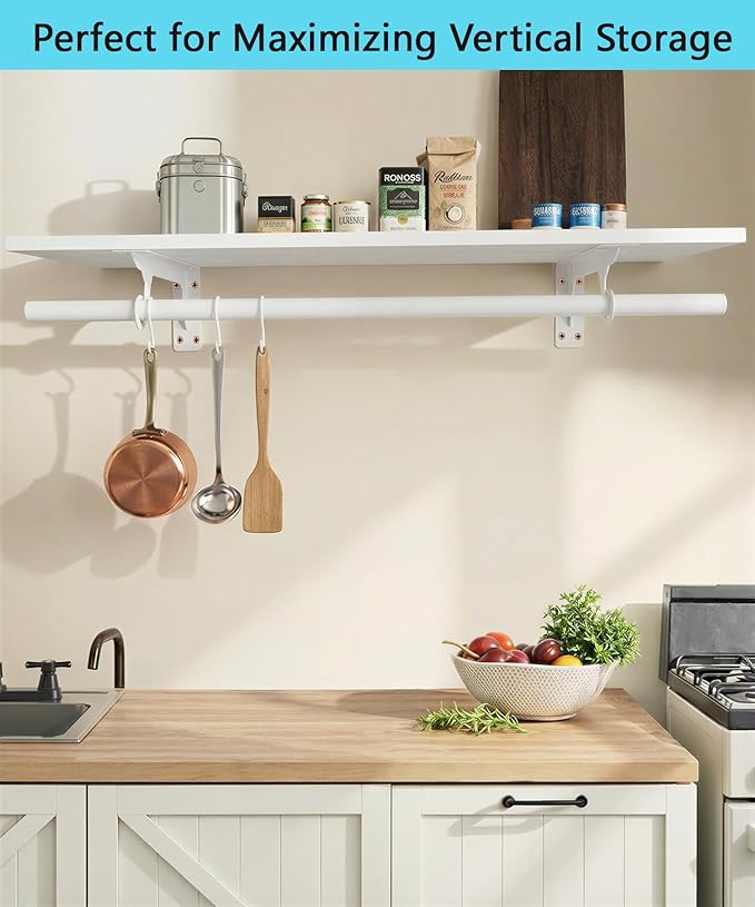 FIRJOY Wall Mounted Clothes Rack, with Top Shelf and Hanging Rod, Heavy Duty (White, 1 PACK 11.8" x 31.4")