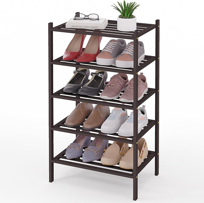 Smiry Small Bamboo Shoe Rack 5-Tier, Stackable Wooden Shoe Organizer for Entryway & Closet, Free Standing Wood Shoe Storage Shelf for Front Door & Small Spaces, Brown