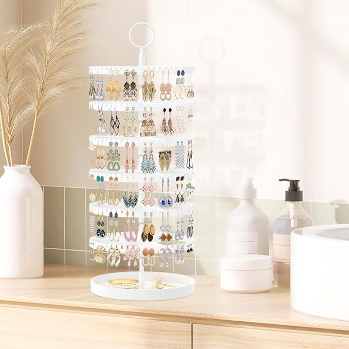 iDavosic.ly 6 Tier Rotating Earring Holder Organizer with Metal Tray, Adjustable Plastic Dangle Display Stands Tree with 342 Grooves, Large Hoop Storage Rack Tower, White