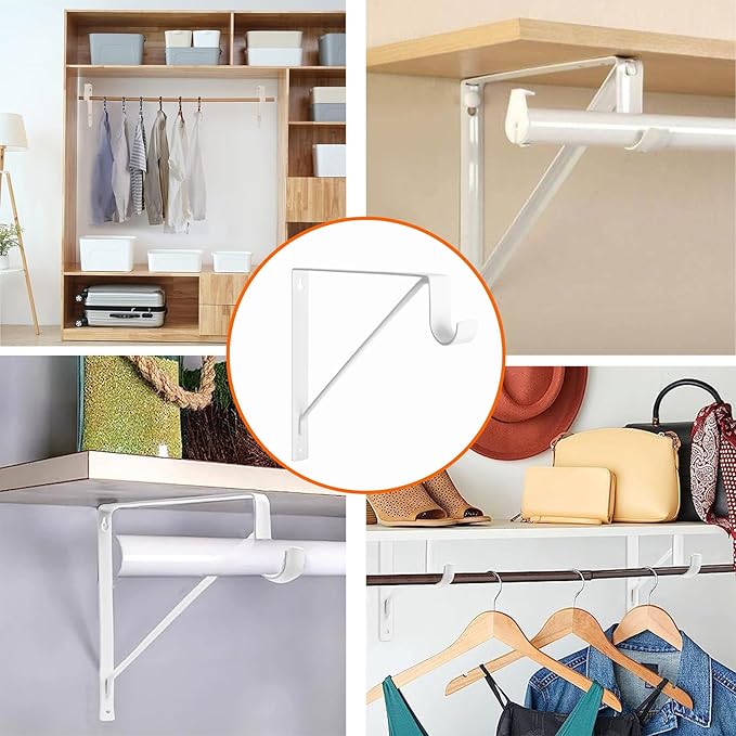4 Pack Heavy Duty Closet Shelf & Rod Brackets, Wall Mounted Closet Shelf Brackets, 11 x 10.2 Inch Closet Shelf Brackets with Rod Support, White