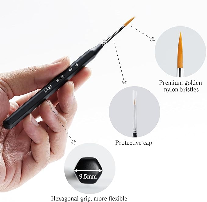 ARTIFY Miniature Drybrush Paint Brush Set: 14-Piece Round Small Detail Model Paintbrushes, Thin Mini Tiny Micro Paint Brushes for Miniature Painting
